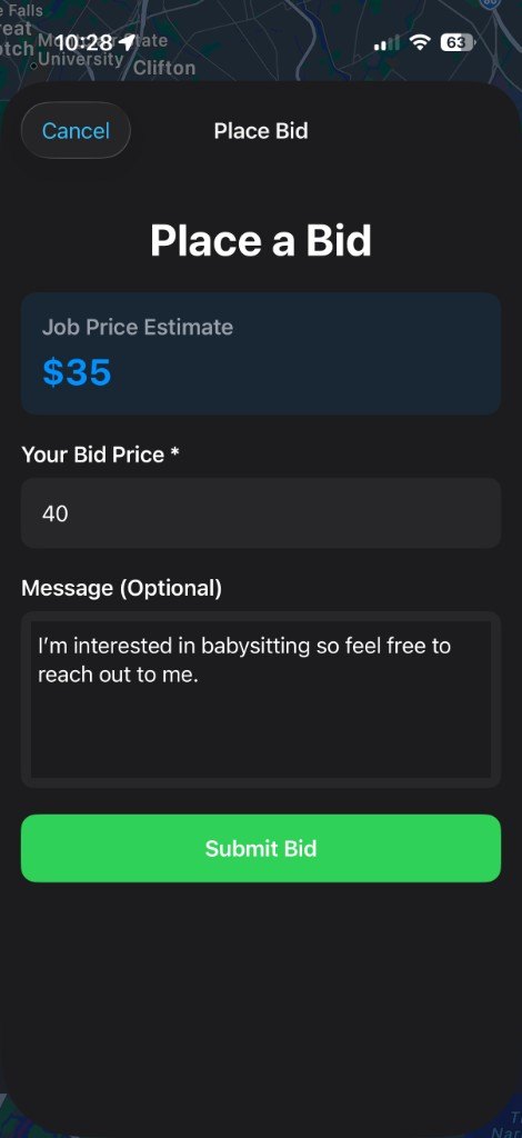 The Place a Bid screen, with a job price estimate of $35 and a bid of $40.