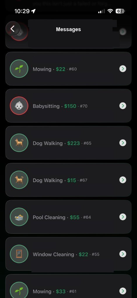 The TeenJobz messages list. Names and message text are hidden. Job types and prices are still visible.