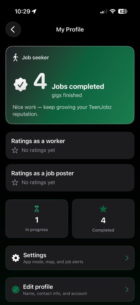 A TeenJobz profile showing jobs completed, plus ratings as a worker and as a job poster.